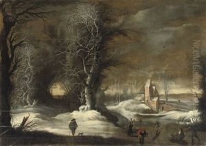 A Winter Landscape With Figures Sleighing And Skating