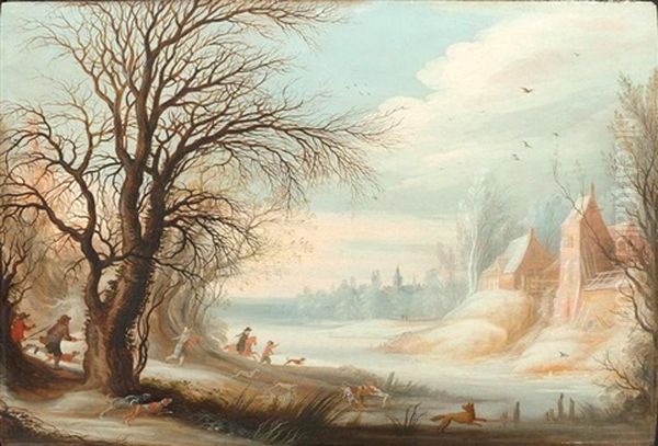 Winterlandschaft Mit Jagern Bei Der Fuchsjagd - view 1