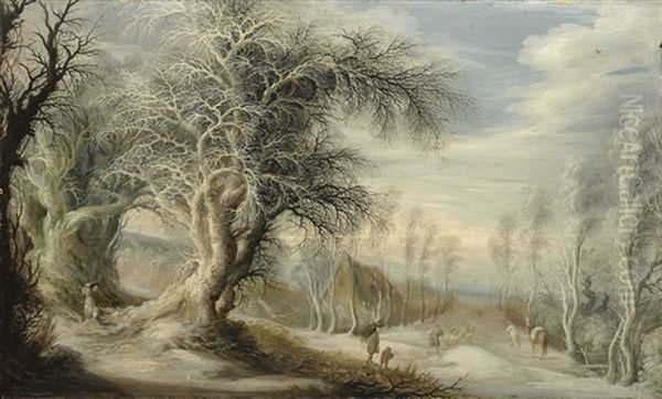 A Winter Landscape With A Woodsman And Travellers by Gysbrecht Leytens