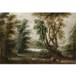 A Wooded River Landscape With A Shepherd And Shepherdess Resting Their Flock