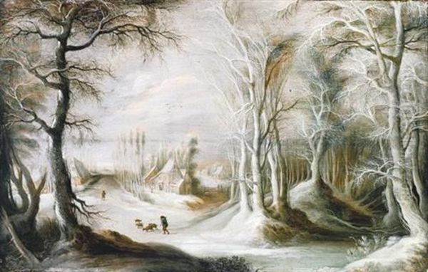 A Winter Landscape With A Peasant Walking Through Snow, A Small Village In The Background - view 1
