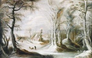 A Winter Landscape With A Peasant Walking Through Snow, A Small Village In The Background