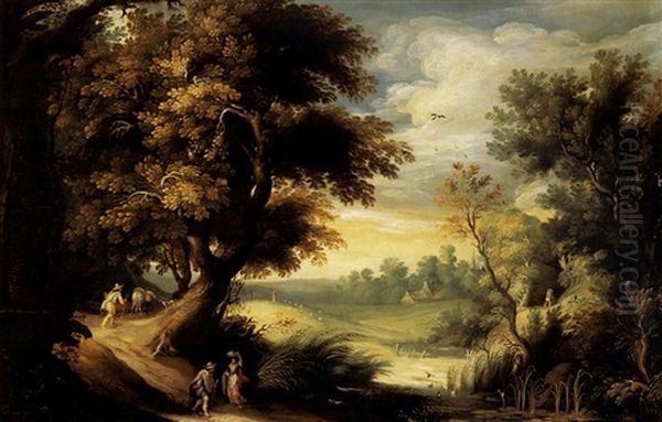 Forest Landscape With Travellers Near A Stream - view 1