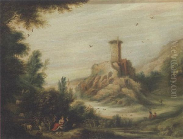 Felsige Landschaft Mit Ruine Und Ruhendem Hirtenpaar - view 1