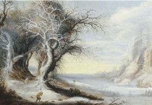 A Winter Landscape With Woodcutters By A Frozen River A Winter Landscape With Woodcutters By A Frozen River