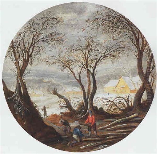 Winter: A Wooded Winter Landscape With Foresters, A Village Beyond - view 1