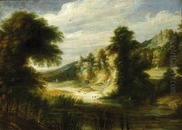 A Pool In A Wooded Landscape With Travellers In The Distance - view 1