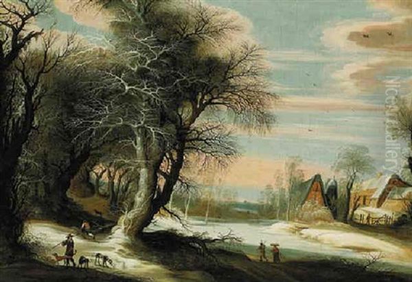 A Winter Landscape With A Barn And Travellers Passing Through, A City Beyond - view 1