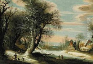 A Winter Landscape With A Barn And Travellers Passing Through, A City Beyond