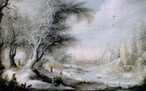 A Winter Landscape With Sportsmen On A Forest Track Near A Village, Peasants Nearby by Gysbrecht Leytens