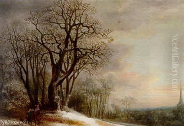 Travellers On A Snowy Path Overlooking A Valley, At Sunset - view 1