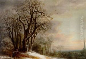Travellers On A Snowy Path Overlooking A Valley, At Sunset by Gysbrecht Leytens