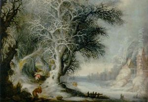 Woodcutters In A Winter Landscape, A Town Beyond