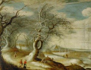A Winter Wooded Landscape With Faggot-gatherers And Peasants On Paths by Gysbrecht Leytens
