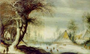 Bewaldete Winterlandschaft Mit Schlittschuhlaufern Auf Einem Zugefrorenen Fluslauf by Gysbrecht Leytens