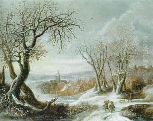A Winter Landscape With Peasants, A Village Beyond - view 1