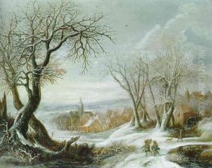 A Winter Landscape With Peasants, A Village Beyond A Winter Landscape With Peasants, A Village Beyond