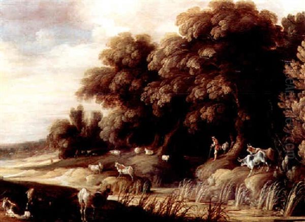 A Wooded Landscape Wit Herdsmen And Herd - view 1