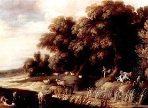 A Wooded Landscape Wit Herdsmen And Herd by Gysbrecht Leytens