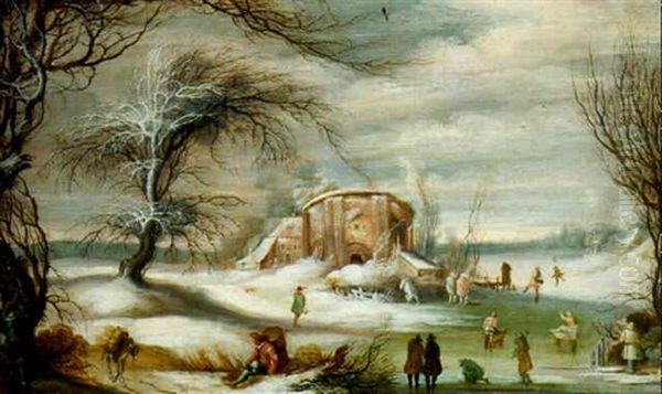 Skaters And Children On Sledges In The Ice By A Farm - view 1