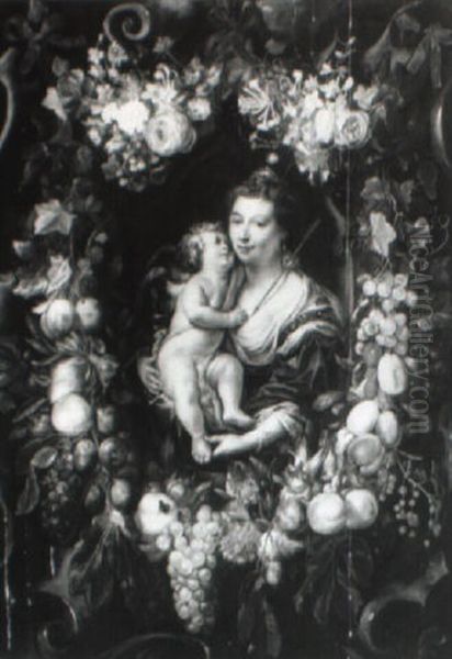 The Madonna And Child Set In A Cartouche Surrounded By A Floral Garland - view 1