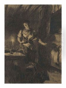 Femme Se Deshabillant A La Lumiere D"une Chandelle
