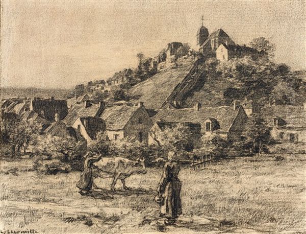Paysannes Et Vaches Devant Le Village De Mont-saint-pere - view 1