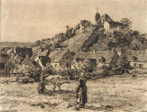 Paysannes Et Vaches Devant Le Village De Mont-saint-pere by Leon Augustin L'Hermitte