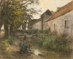 Laveuses, Deux Figures, Petit Pont Du Ru Chailly by Leon Augustin L'Hermitte