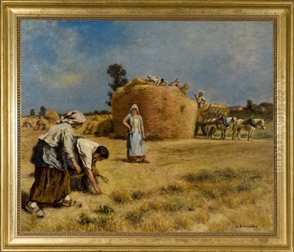 Scene Of Women Gleaning Wheat In A Field With A Large Haystack And Cart - view 1