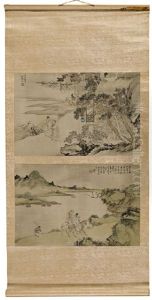 Two Landscapes With Figures  (2 Works Mntd Together On Hanging Scroll) by  Li Hengshi