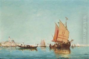 Vessels On The Venetian Lagoon, Santa Maria Della Salute And St Mark's Campanile Beyond by Giovanni Battista Della Libera