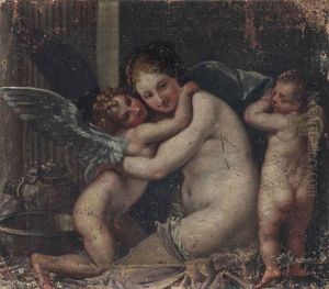 Venus And Cupid With A Putto by Pietro Liberi