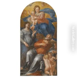 An Altarpiece With The Madonna And Child Enthroned Flanked By Saints Apollonia And Bartholomew by Pietro Liberi