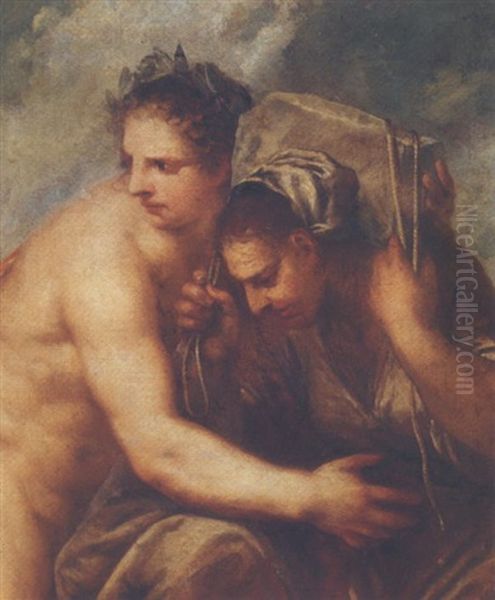 An Old Woman Carrying Stone On Her Shoulders Accompanied By A Young Man Wearing A Crown Of Laurel Leaves - view 1