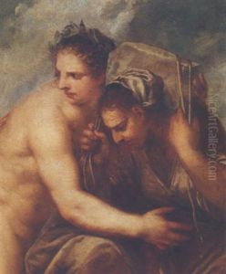 An Old Woman Carrying Stone On Her Shoulders Accompanied By A Young Man Wearing A Crown Of Laurel Leaves by Pietro Liberi