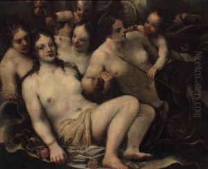 Venus, Amor, Flora Mit Einem Rosenbluten Streuenden Genius by Pietro Liberi