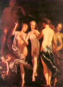 Allegoria Mitologica Con Le Tre Grazie, Ninfe, Due Putti Con Leone E Vecchio In Meditazione Appoggiato A Libri