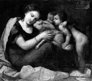 A Woman Seated And Holding A Lamb, With Two Children Looning On A Woman Seated And Holding A Lamb, With Two Children Looning On