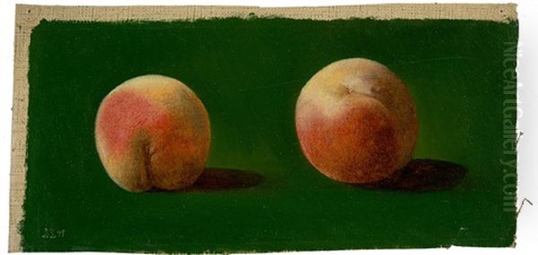 Two Peaches Against Green Background - view 1