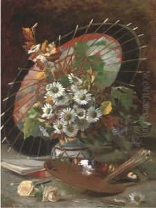 Daisies In A Vase With An Artist's Palette, A Japanese Parasol Beyond Daisies In A Vase With An Artist's Palette, A Japanese Parasol Beyond
