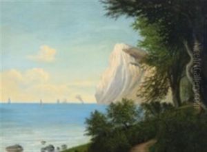 Danish Coastal Scene From Moens Klint With Ships On The Sea by Georg Emil Libert
