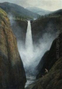 Scenery From A Waterfall With Figures In The Front, Probably Rjukan Fossen In Norway by Georg Emil Libert