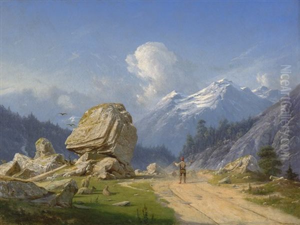 Hirtenknabe In Sommerlicher Alpenlandschaft Mit Felsstein - view 1