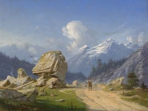 Hirtenknabe In Sommerlicher Alpenlandschaft Mit Felsstein by Georg Emil Libert