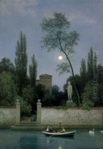 Italienische Villa Bei Mondschein, Im Vordergrund Kleine Gesellschaft Im Boot by Georg Emil Libert