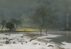 Winterlandschaft Mit Raben, Im Hintergrund Eine Windmuhle (stubmolle) Im Untergehenden Sonnenlicht
