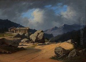 Norwegian Landscape With Two Men On Horseback by Georg Emil Libert