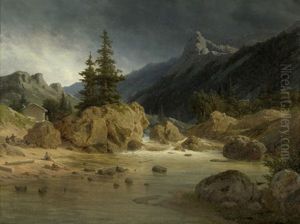 Nordische Gebirgslandschaft Mit Wasserfall Bei Aufziehendem Unwetter