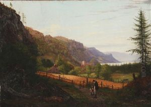Landscape From The Southern Germany With A Child And A Man Standing On A Forest Trail In The Foreground